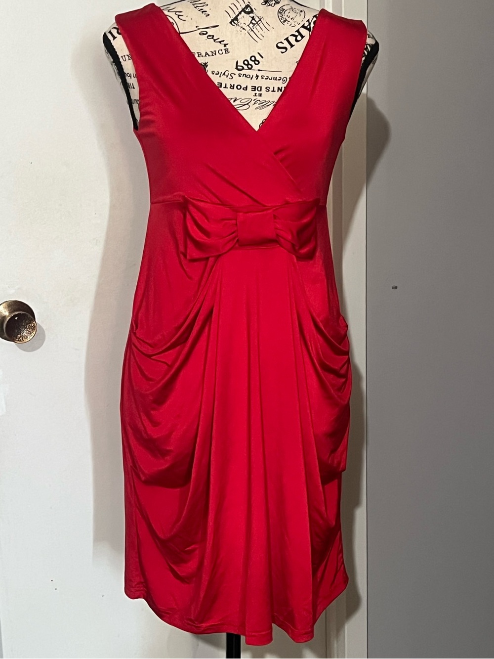 Freeway Red V-Neck Midi Dress with Bow Waist